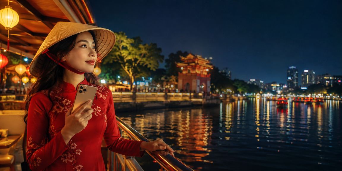 Người phụ nữ Hà Nội đội nón lá sử dụng điện thoại để tham gia giải trí trực tuyến